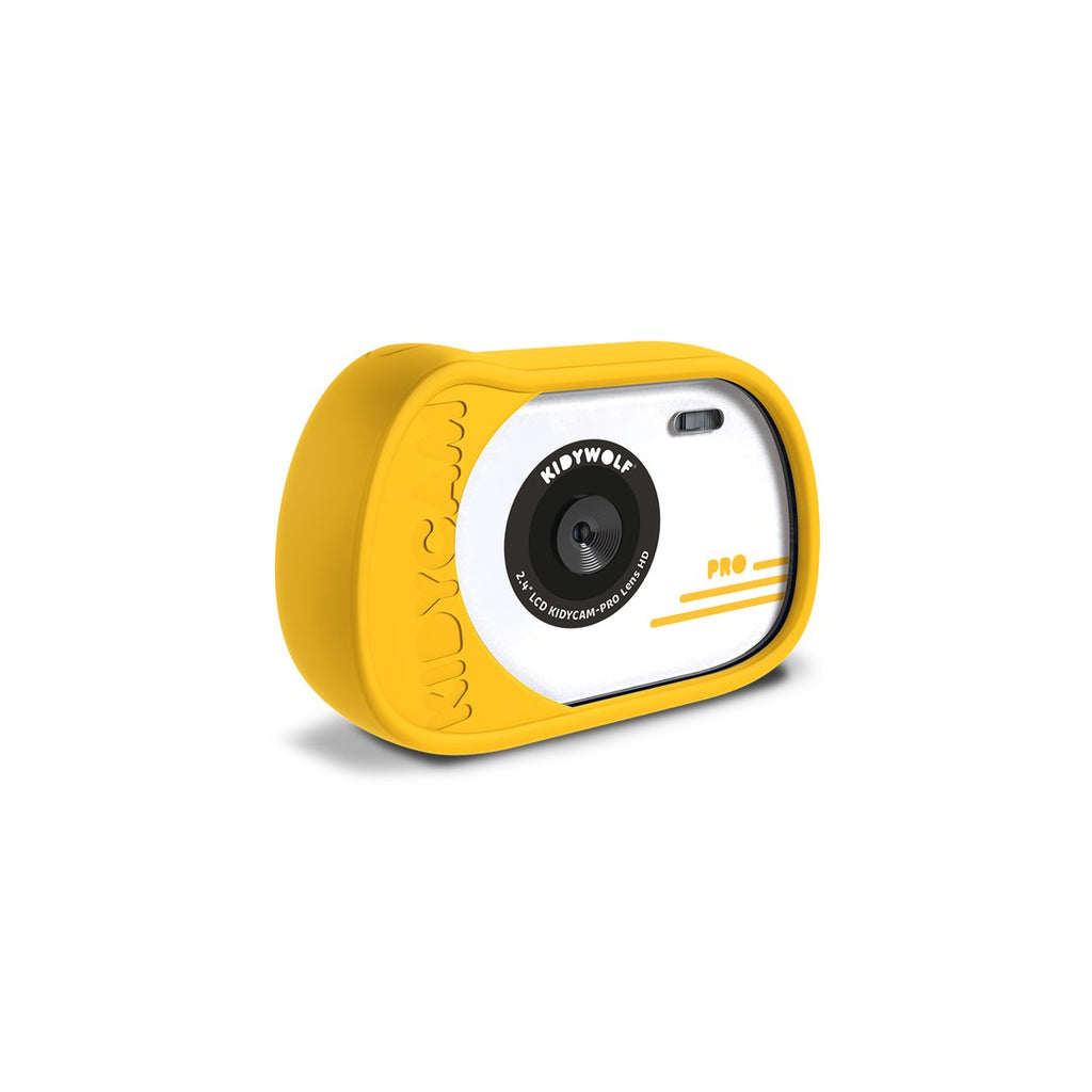 Kidywolf KIDYCAM PRO kids waterproof camera in orange, front three-quarter view with white lens panel and shockproof silicone cover