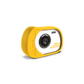 Kidywolf KIDYCAM PRO kids waterproof camera in orange, front three-quarter view with white lens panel and shockproof silicone cover