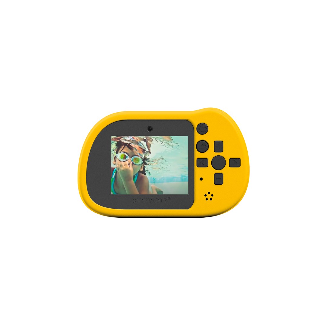 Back of the orange KIDYCAM PRO showing the 2 inch screen with an underwater photo of a child in goggles, plus the control buttons