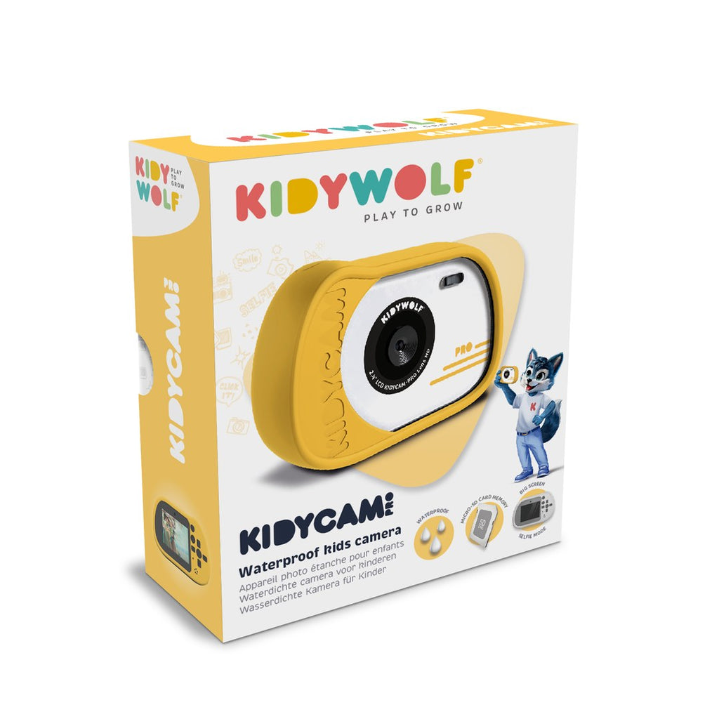 Kidywolf KIDYCAM PRO waterproof kids camera box in orange and white with the Kidywolf wolf mascot