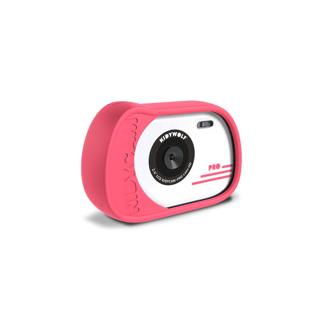 Kidywolf KIDYCAM PRO kids waterproof camera in pink, front three-quarter view with white lens panel and shockproof silicone cover