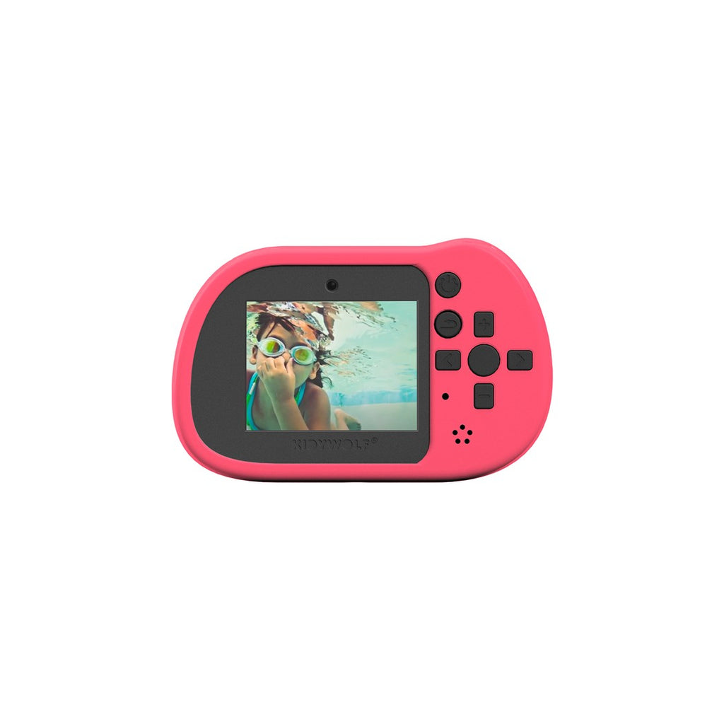 Back of the pink KIDYCAM PRO showing the 2.4 inch screen with an underwater photo of a child in goggles, plus the control buttons