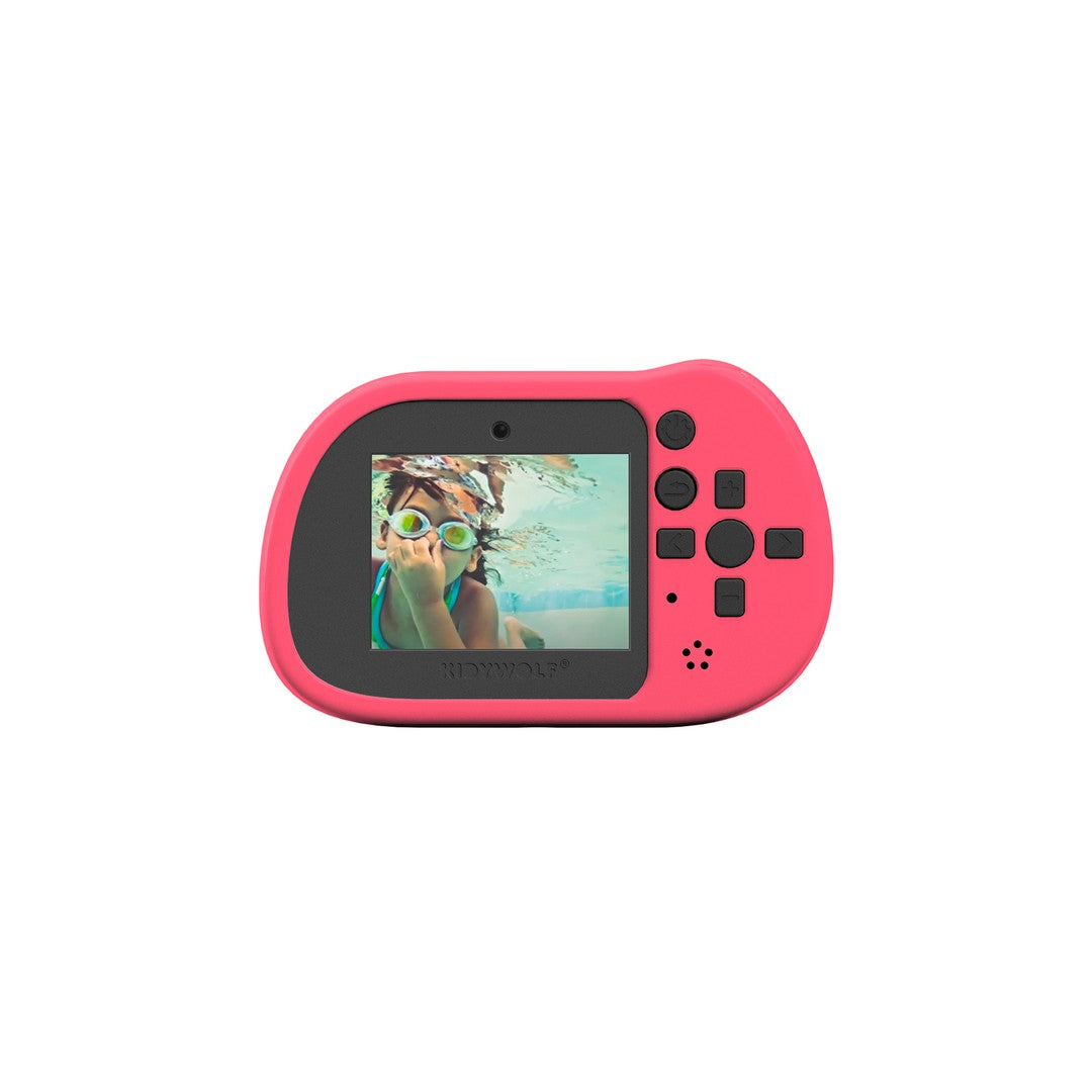 Back of the pink KIDYCAM PRO showing the 2.4 inch screen with an underwater photo of a child in goggles, plus the control buttons