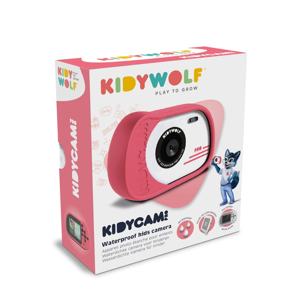 Kidywolf KIDYCAM PRO waterproof kids camera box in pink and white with the Kidywolf wolf mascot