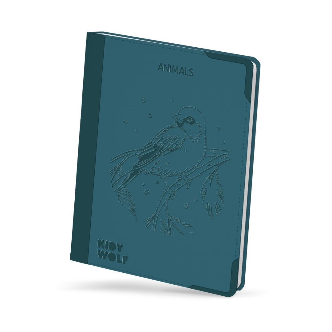 Kidywolf KIDYDRAW Pad Animals illuminated drawing pad, closed, in teal with an embossed bird on a branch and the word Animals on the cover