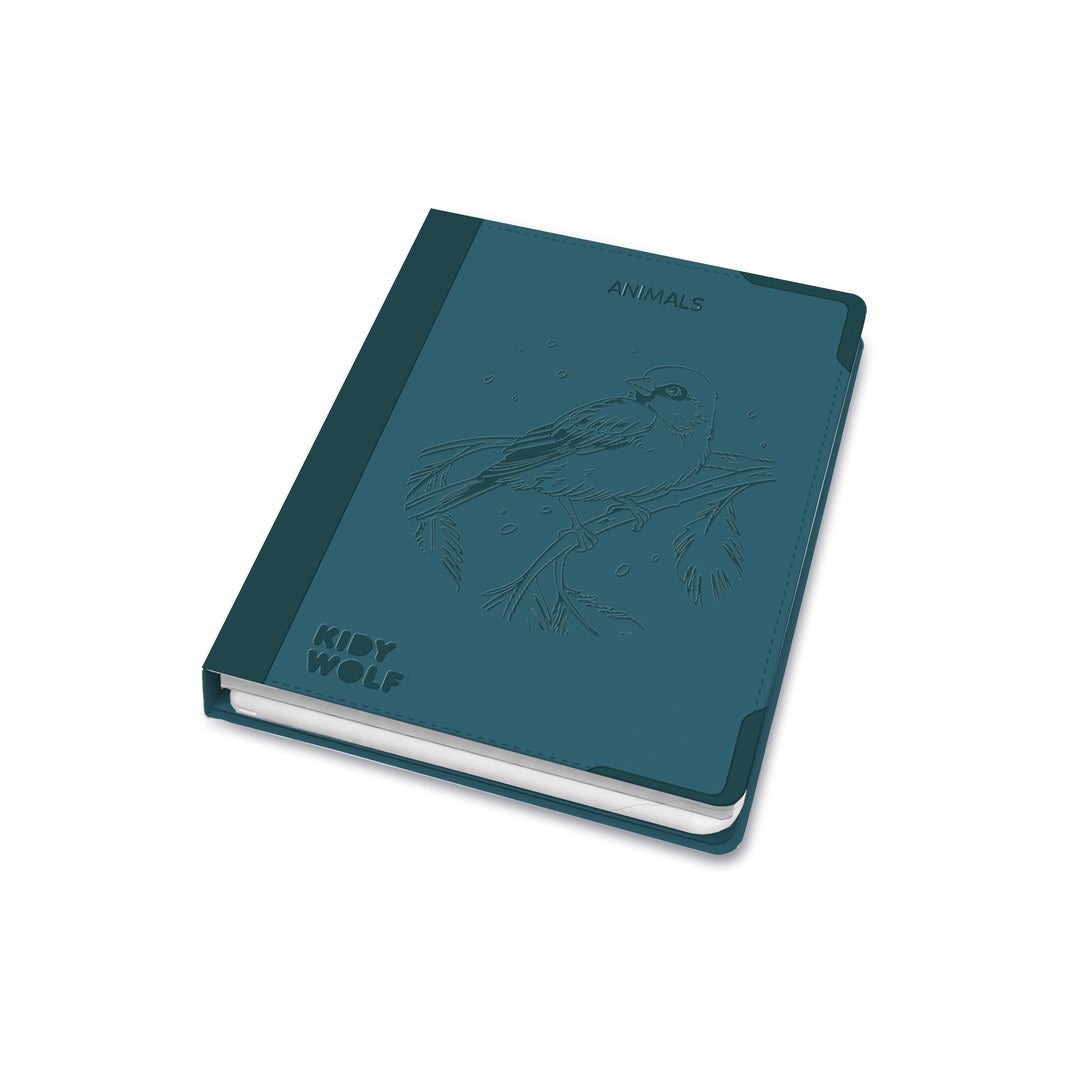 KIDYDRAW Pad Animals lying closed at an angle showing the teal book-style cover with embossed bird and Kidywolf logo