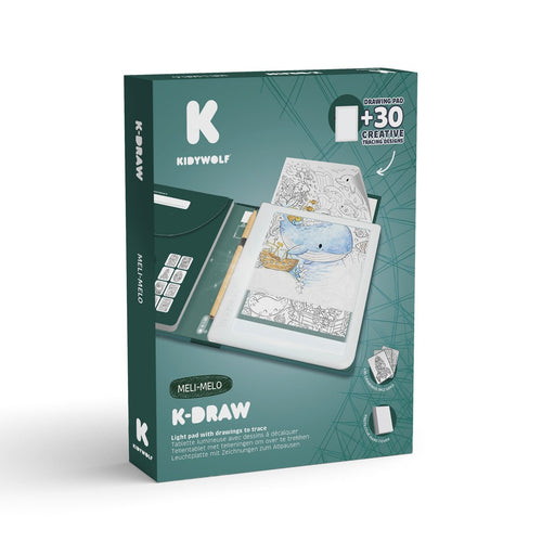 Kidywolf K-DRAW light pad gift box in green, showing the open drawing pad with a whale tracing and the +30 creative tracing designs label