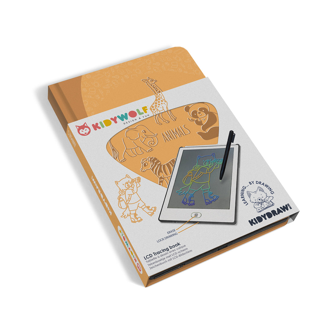 KiddyDraw LCD tracing book with pen and animal illustrations on a white background
