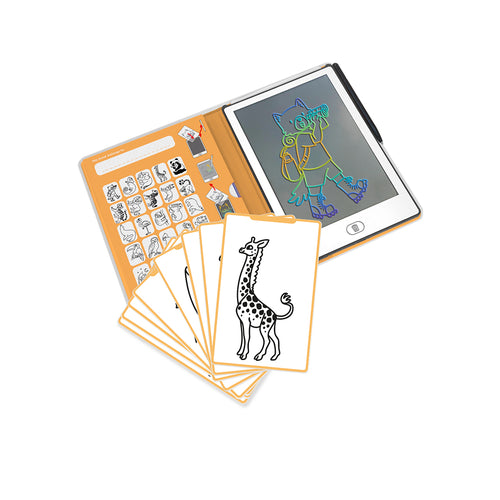 Children's drawing tablet with coloring book and stickers on a white background