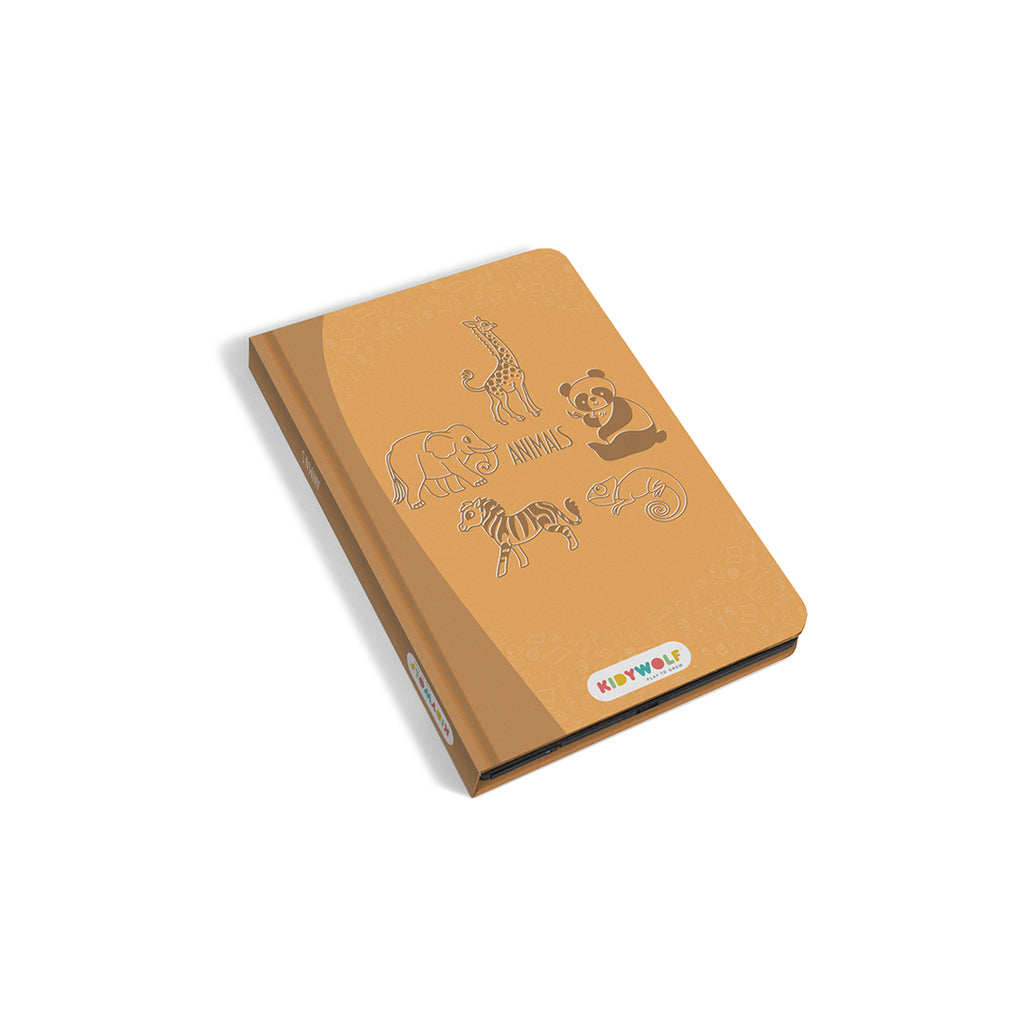 Orange drawing tablet with animal illustrations on a white background
