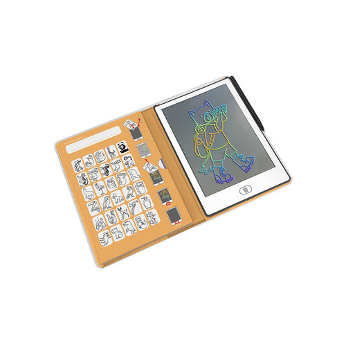 Small electronic drawing tablet with a screen displaying a drawing and a compartment with pre-printed designs on a white background.