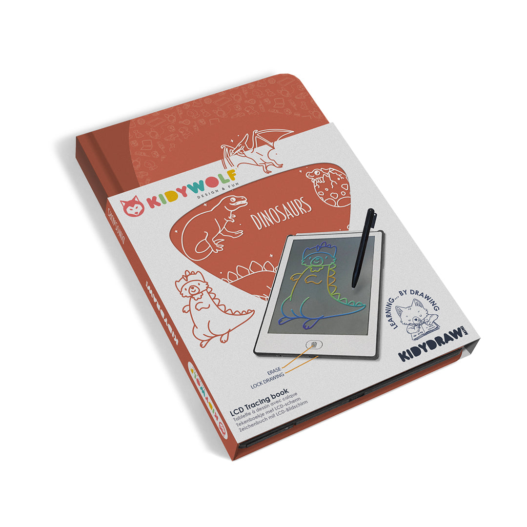 KiddyDraw UCD tracing book with dinosaur illustrations and a pen on a white background