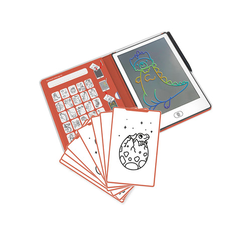 Children's drawing tablet with coloring book and stamps on a white background
