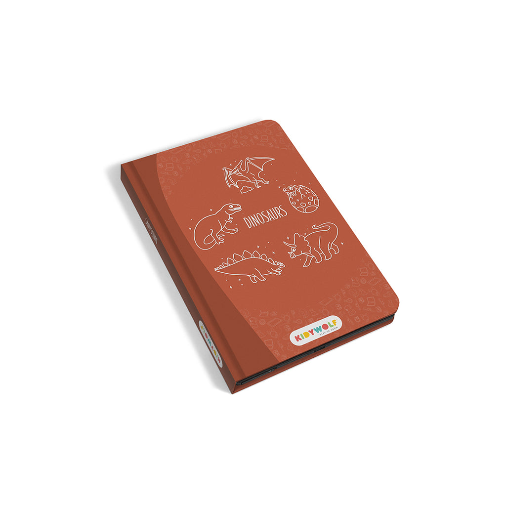 Red drawing tablet with dinosaur illustrations on a white background