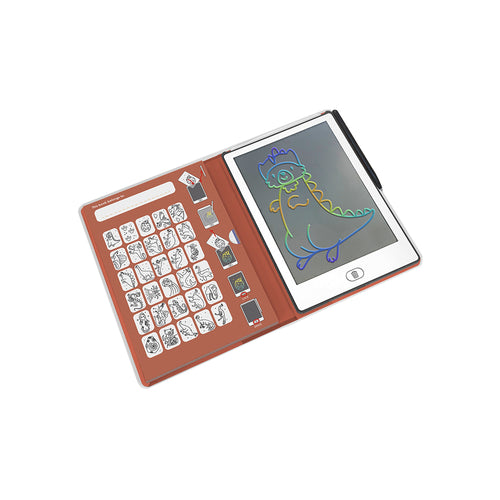 Small electronic drawing tablet with a stylus and drawing on a white background