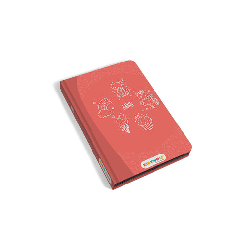 Red digital notebook with white illustrations on a white background