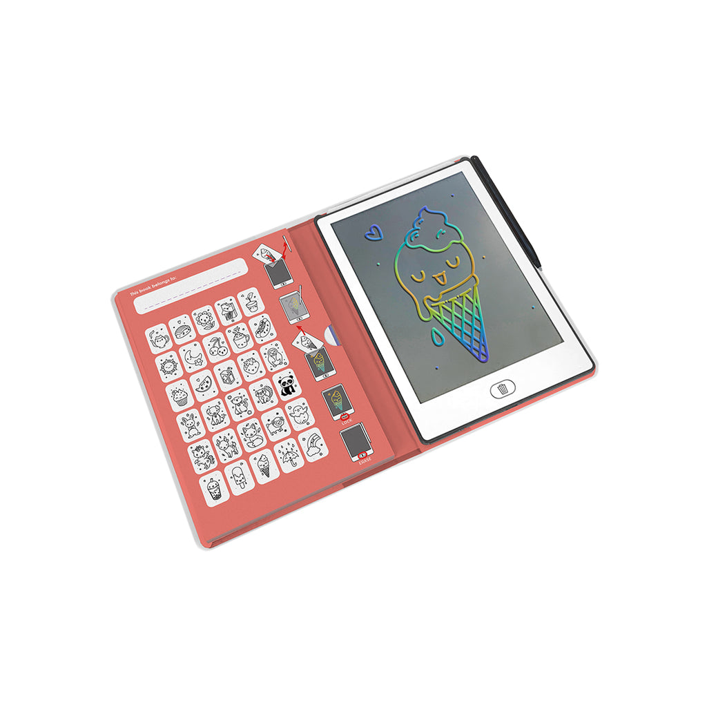 Small electronic device with a screen displaying a colorful graphic and a keyboard on a white background