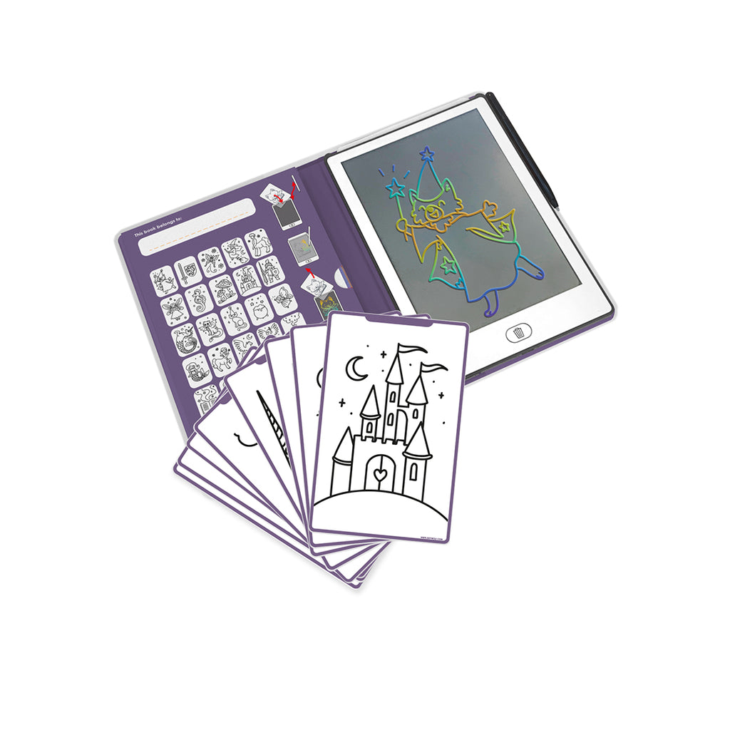 Coloring book with digital tablet and coloring sheets on a white background