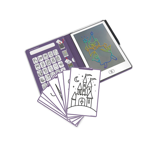 Coloring book with digital tablet and coloring sheets on a white background