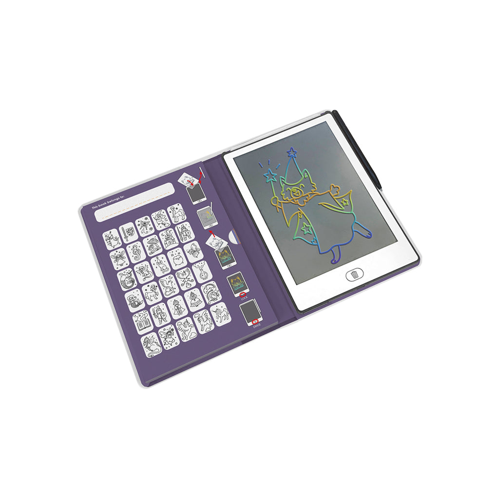 Small electronic drawing tablet with a screen displaying a drawing and keyboard on a white background