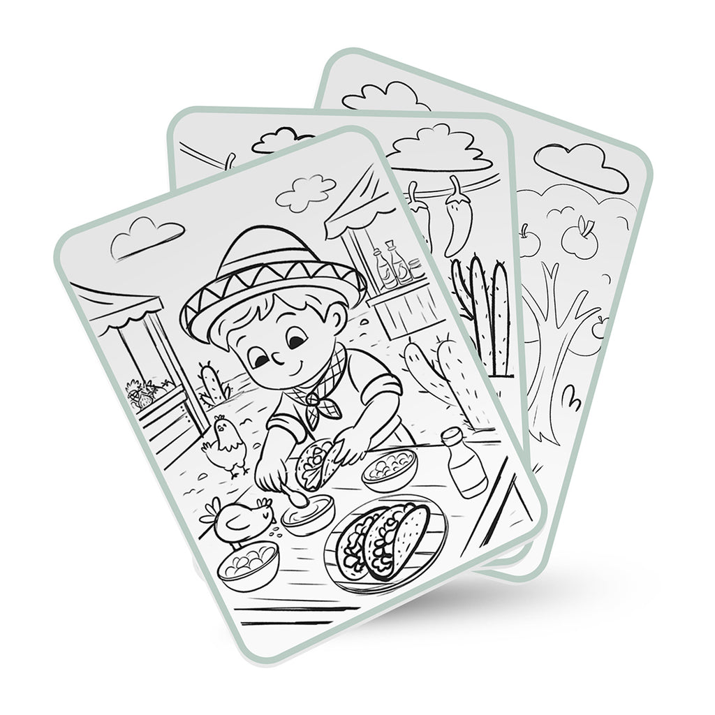 Coloring book pages with a boy and farm scene on transparent sheets.