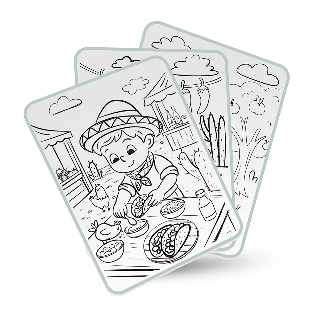 Coloring book pages with a boy and farm scene on transparent sheets.