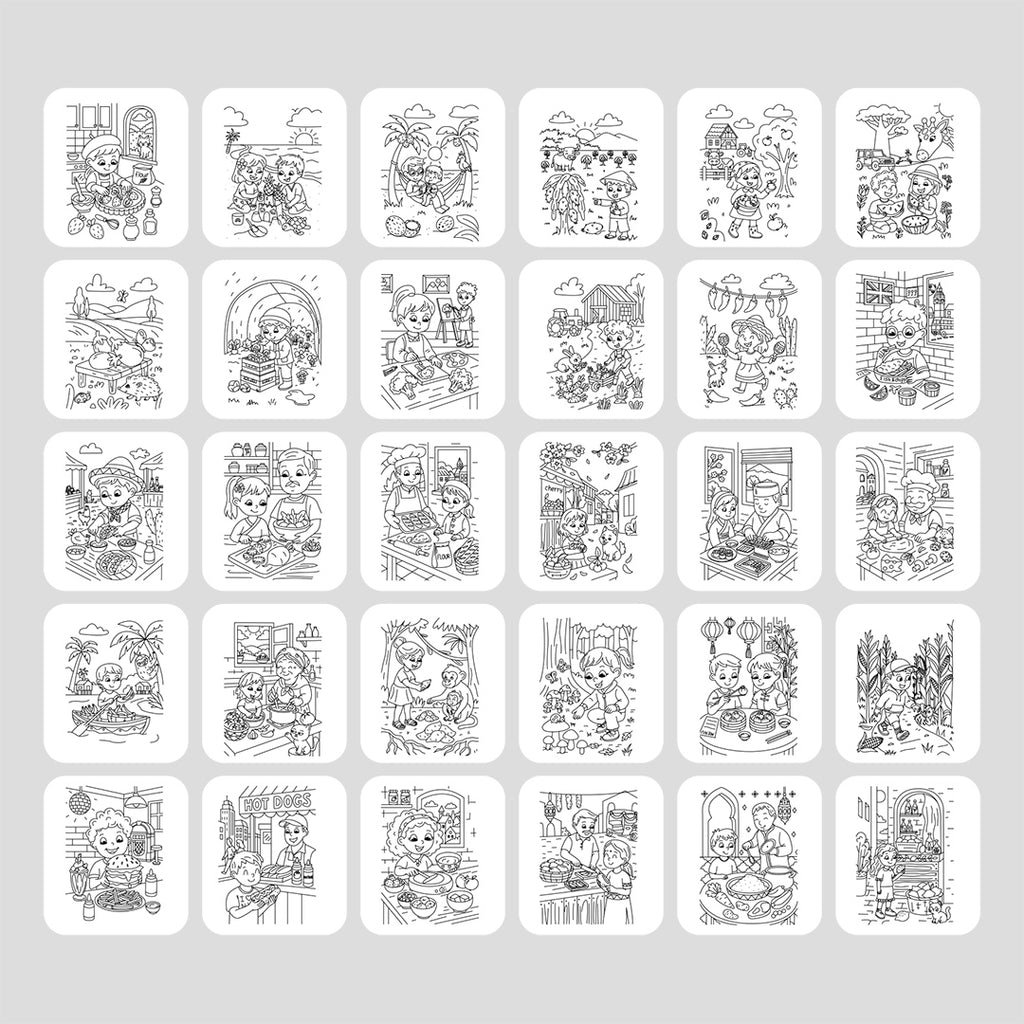 A grid of 32 small white rounded-square cards or stickers on a light gray background, each containing black line-art illustrations of cartoon animals and everyday scenes.