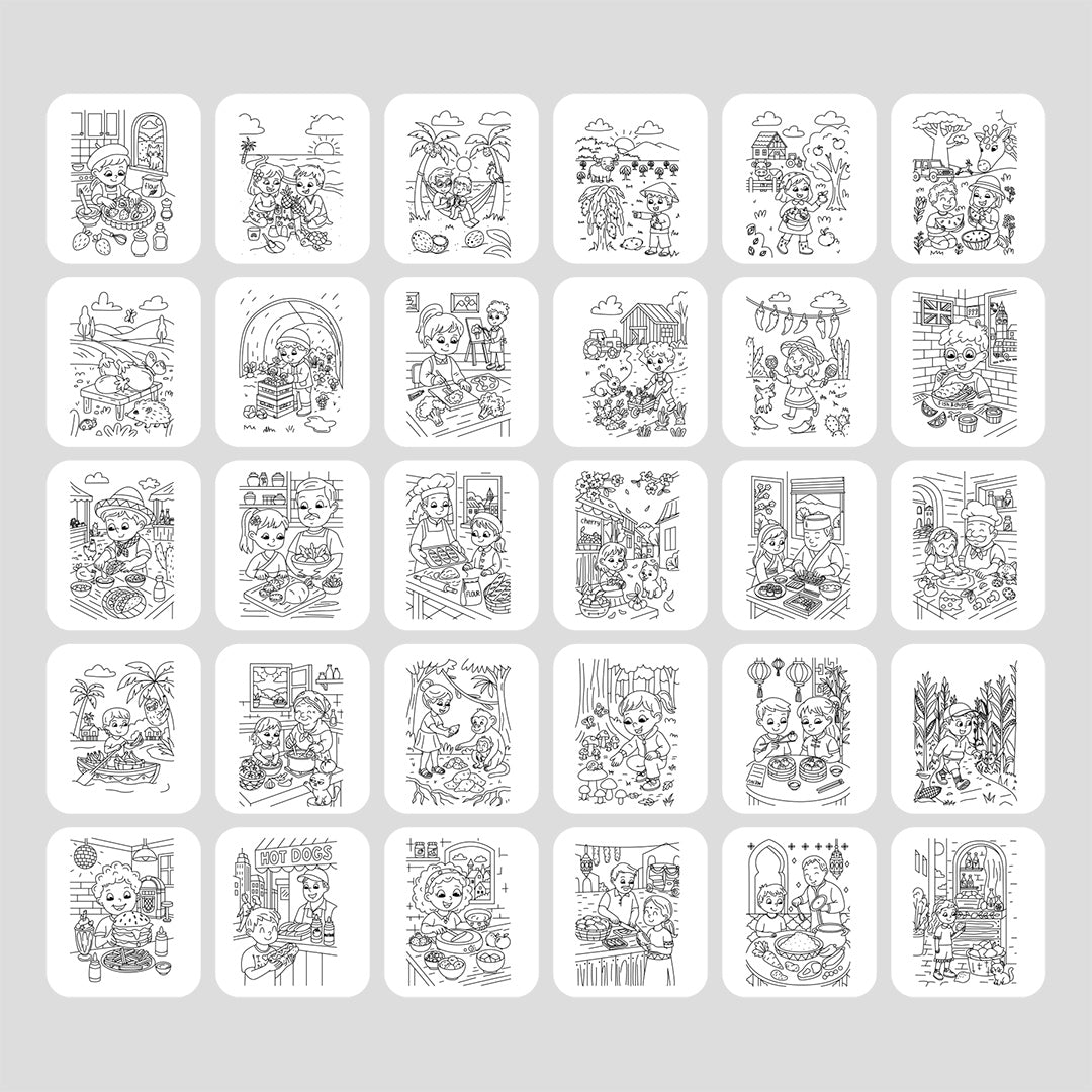A grid of 32 small white rounded-square cards or stickers on a light gray background, each containing black line-art illustrations of cartoon animals and everyday scenes.