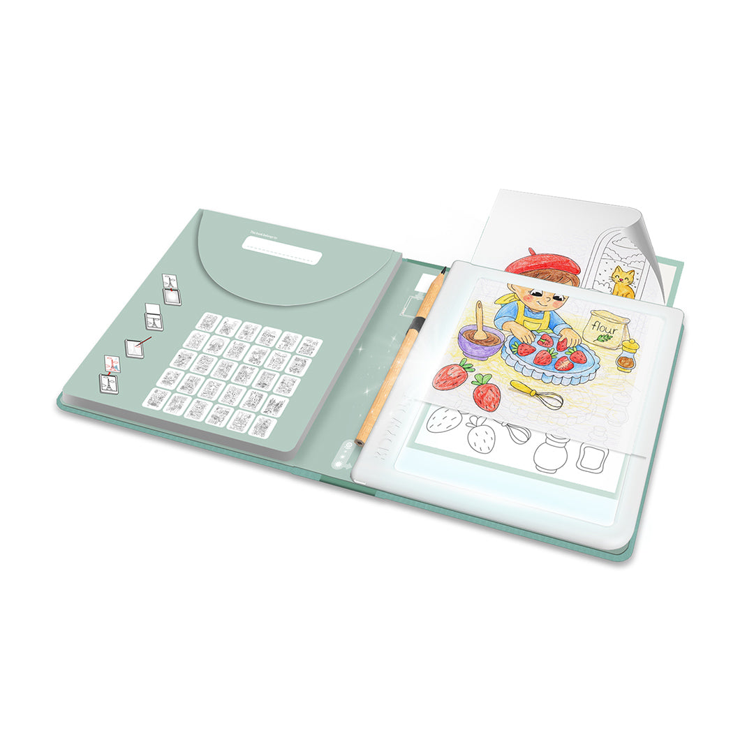 Open book with illustrations and a green cover on a white background