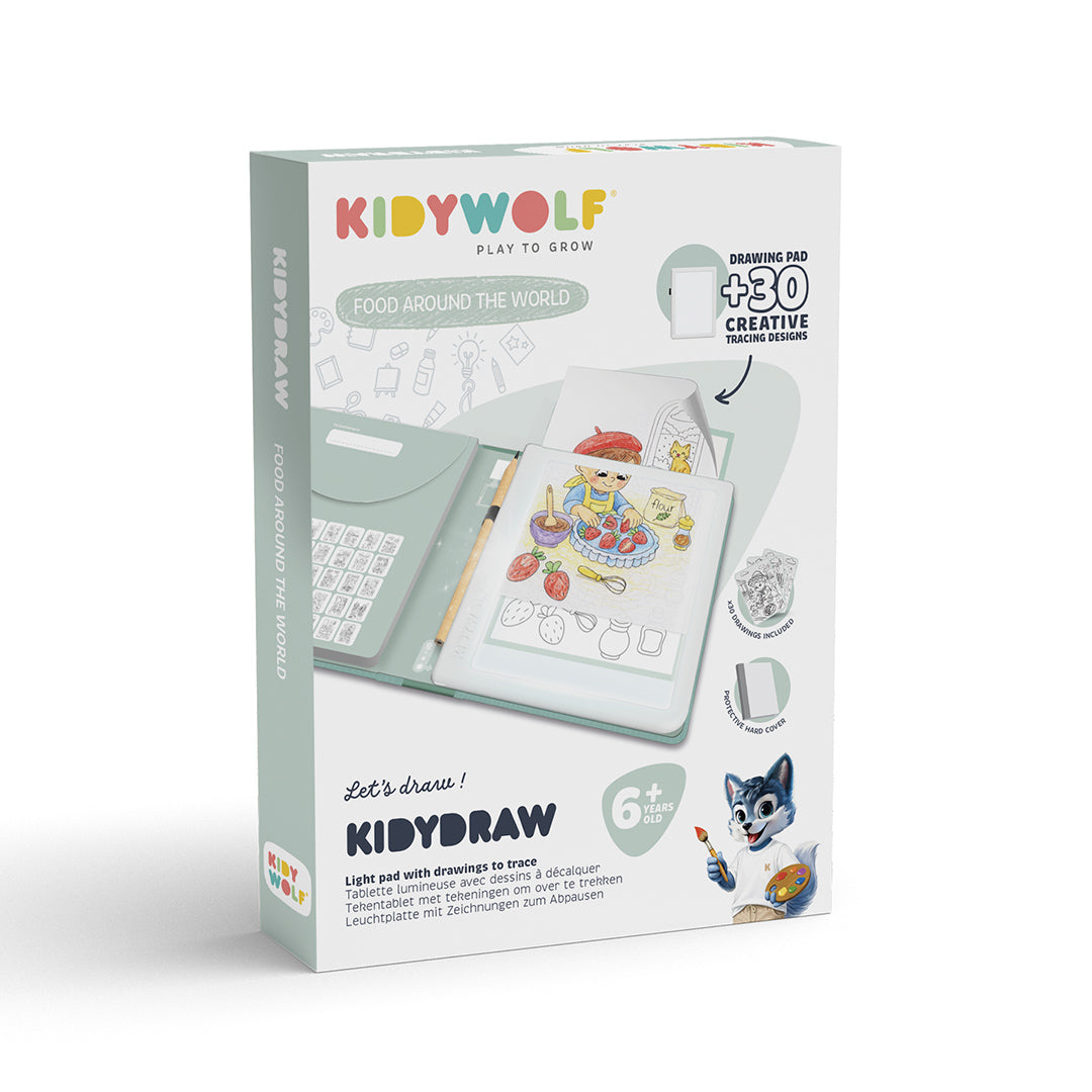 Kidywolf Kibydraw 'Food Around the World' light pad with drawings for trace, shown in its retail packaging box on a clean white background.