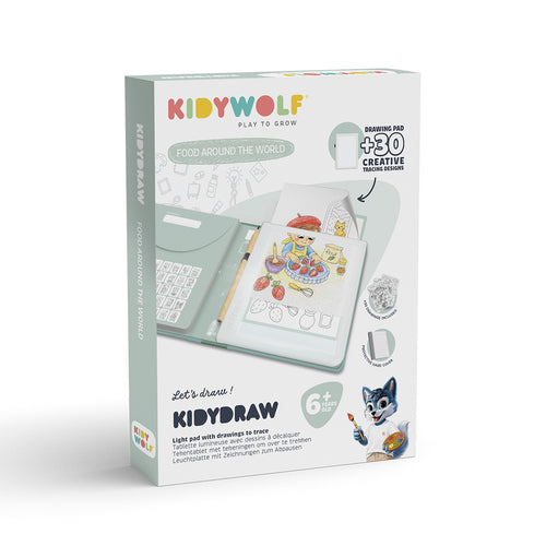 Kidywolf Kibydraw 'Food Around the World' light pad with drawings for trace, shown in its retail packaging box on a clean white background.
