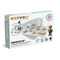 Kidywolf educational toy packaging with illustrations of a boy and a wolf, and text about assembling parts.