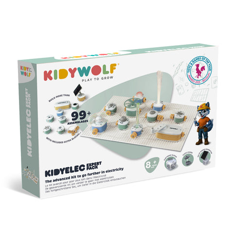 Kidywolf educational toy packaging with illustrations of a boy and a wolf, and text about assembling parts.