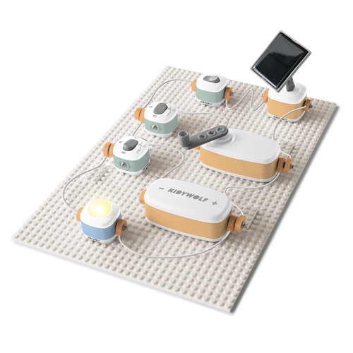 Set of small electronic devices on a beige mat with a white background