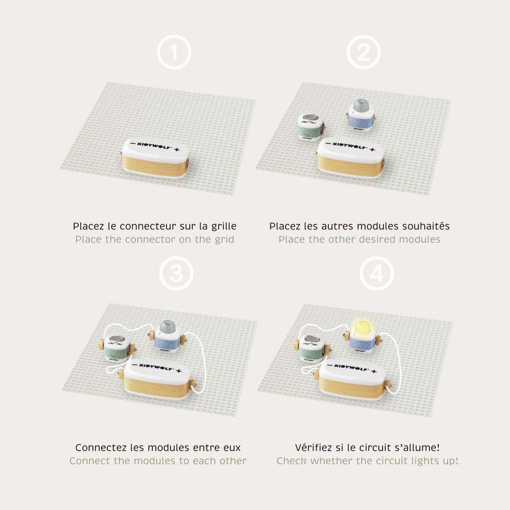 Step-by-step guide for assembling electronic modules on a grid with text instructions.