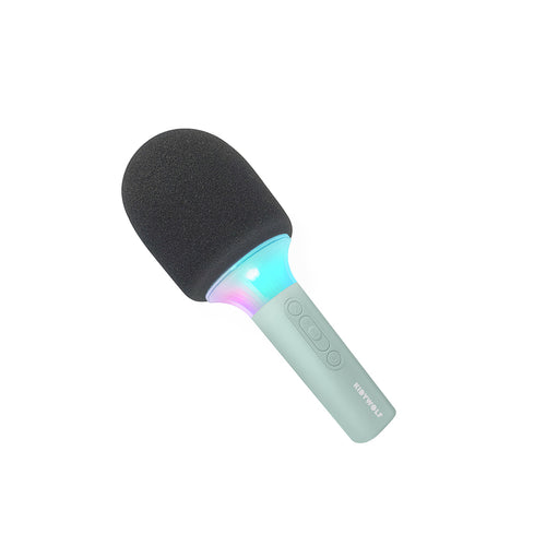 Black and green microphone with colorful light on a white background