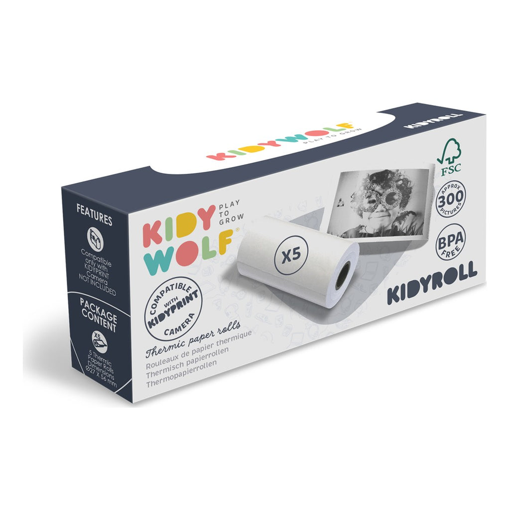 Kidywolf KIDYROLL Classic box of 5 thermal paper rolls for the KIDYPRINT camera, navy packaging, white background
