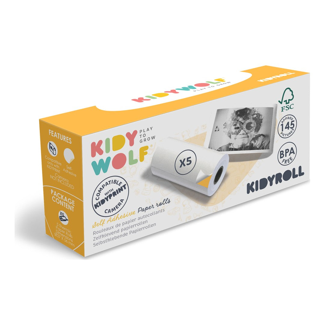 Kidywolf KIDYROLL Sticker box of 5 self-adhesive paper rolls for the KIDYPRINT camera, yellow packaging, white background
