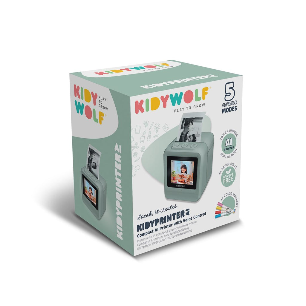 Kidywolf KIDYPRINTER AI box in sage green: compact AI printer with voice control, 5 creative modes