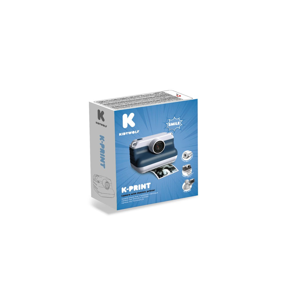 Kidywolf K-PRINT instant print camera box in blue with the blue camera pictured on the front