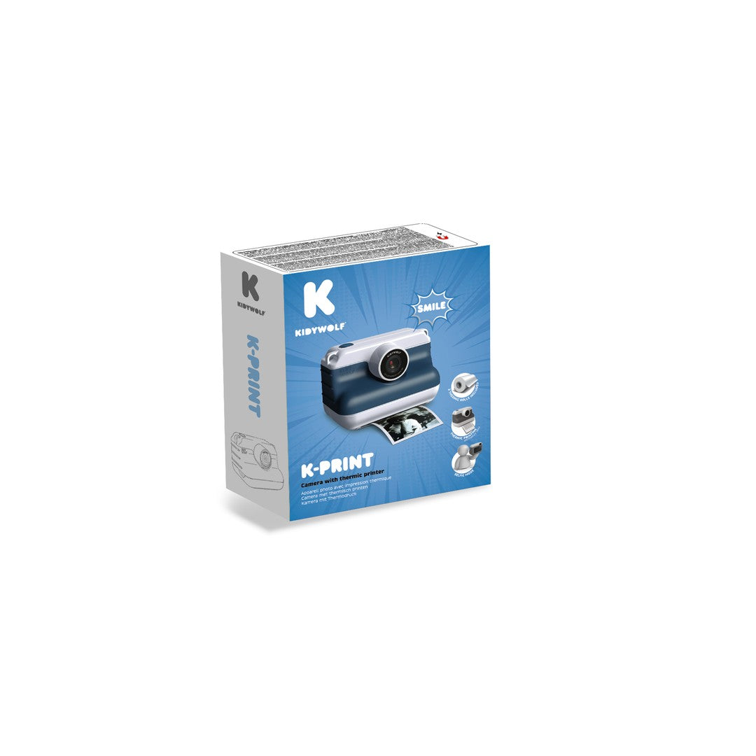 Kidywolf K-PRINT instant print camera box in blue with the blue camera pictured on the front