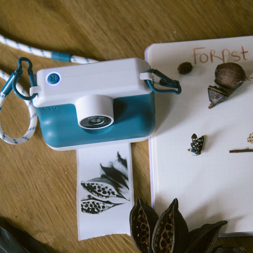 Blue K-PRINT camera on a wooden table beside a FOREST nature journal, seed pods and a printed photo of leaves