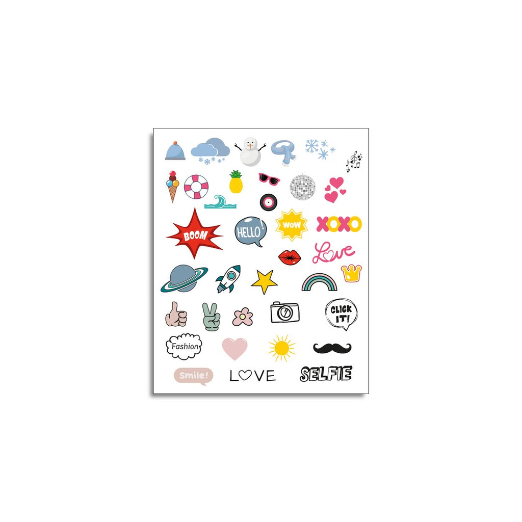 K-PRINT sticker sheet with colourful stickers including stars, hearts, a rainbow, LOVE, SELFIE and CLICK IT!