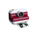 Kidywolf K-PRINT instant print camera in red and white, printing a black and white photo from the front