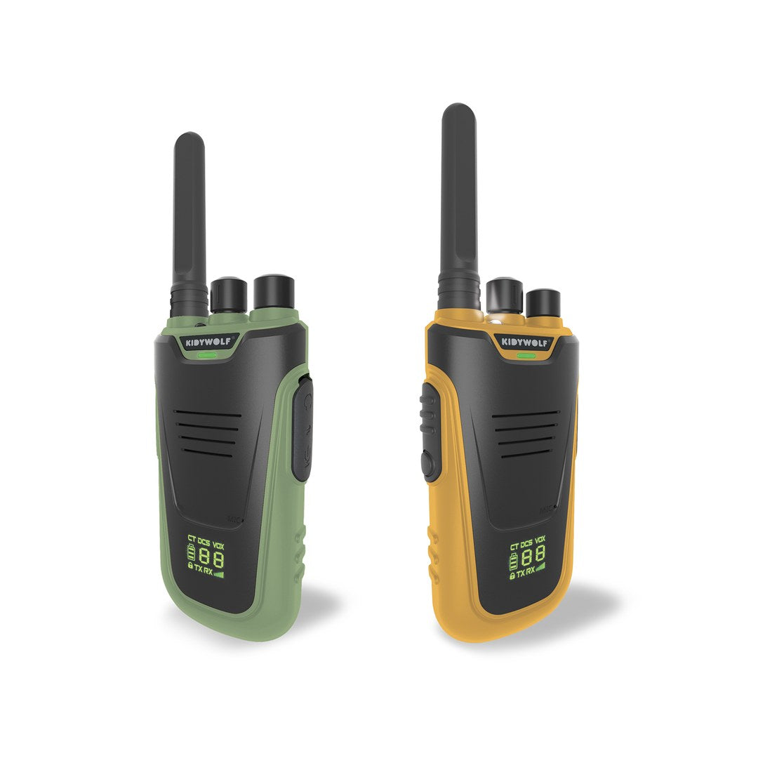 Kidywolf KIDYTALK walkie-talkies in green and orange, standing side by side on a white background
