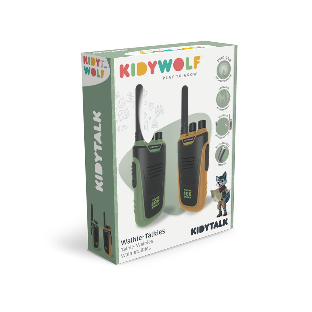 Kidywolf KIDYTALK walkie-talkies box in green, showing the green and orange handsets on the front