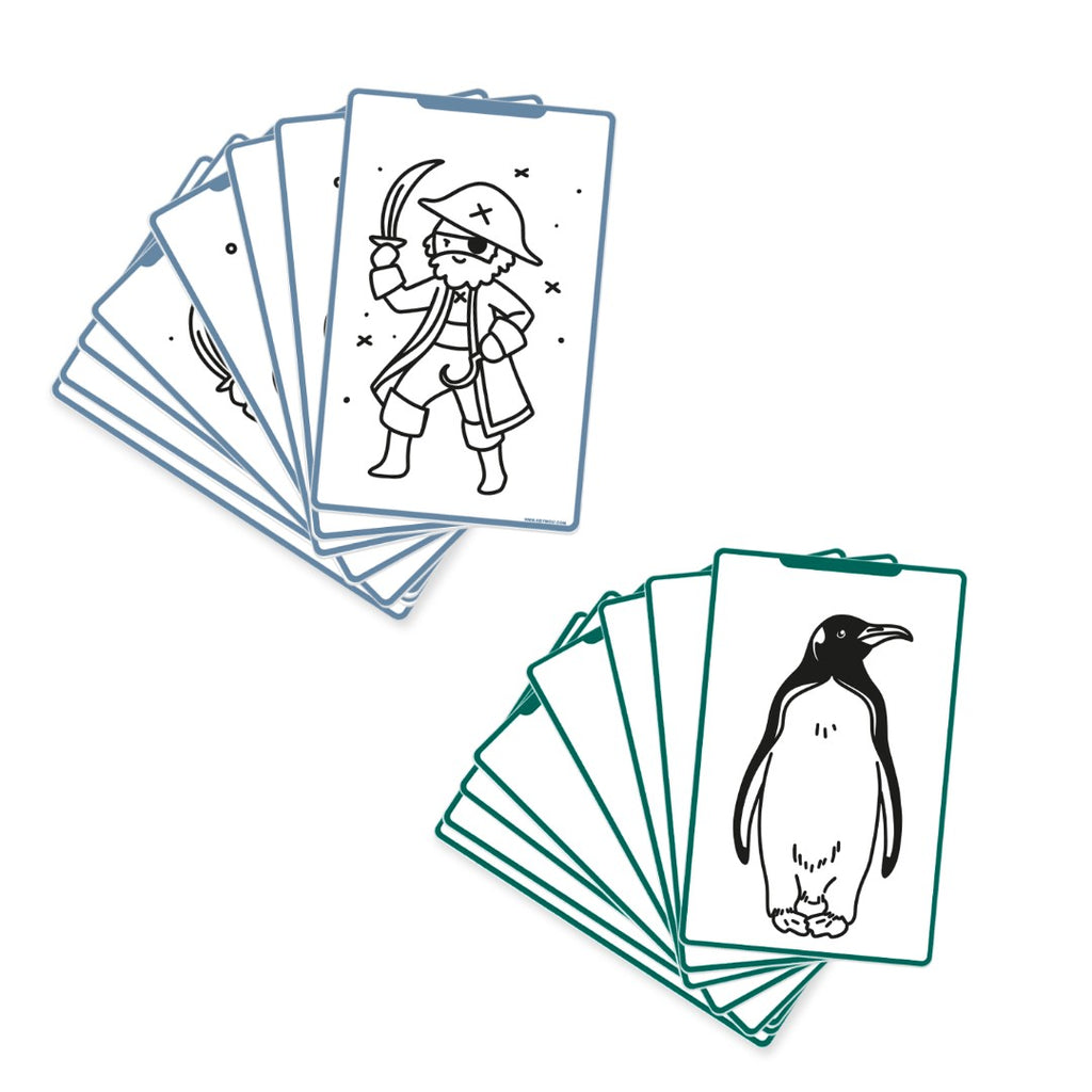 Two fans of KIDYDRAW MINI refill cards, blue-edged Oceans and Pirates cards with a pirate holding a cutlass and green-edged Animals cards with a penguin