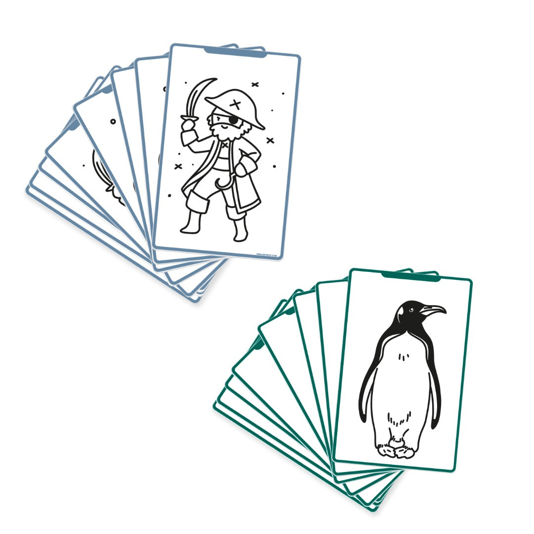 Two fans of KIDYDRAW MINI refill cards, blue-edged Oceans and Pirates cards with a pirate holding a cutlass and green-edged Animals cards with a penguin