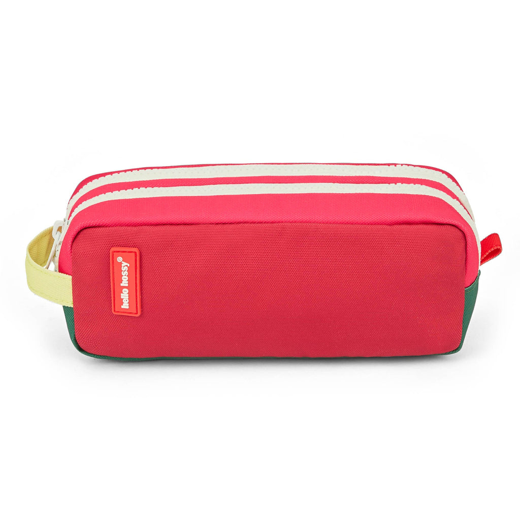 Red pencil case with a white zipper on a white background
