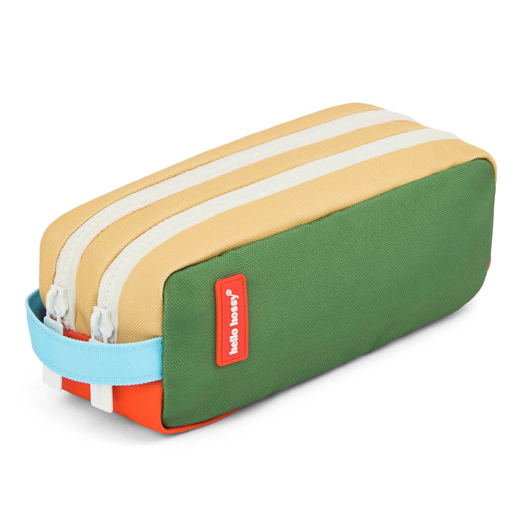 Multicolored rectangular pouch with a red label on a white background
